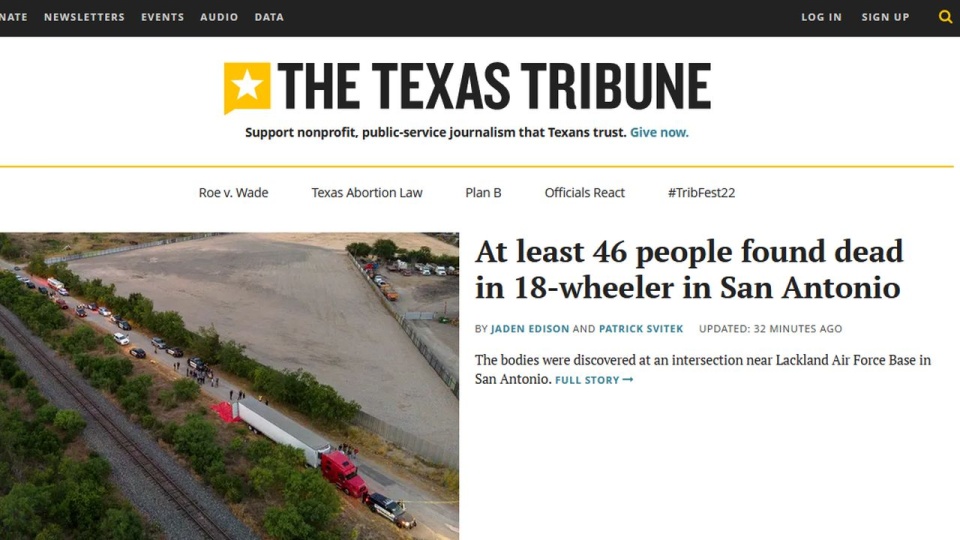 "Transgraniczny przemyt i handel ludźmi od dawna stanowią problemy na granicy amerykańsko-meksykańskiej, ale śmierć 46 osób jest oszałamiającą liczbą ofiar śmiertelnych" - pisze Texas Tribune. https://www.texastribune.org