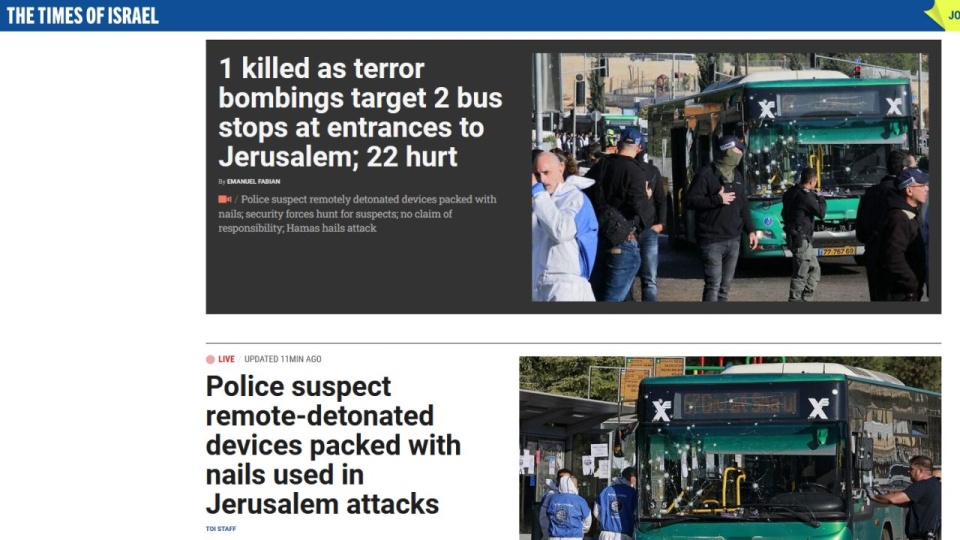 Do obu eksplozji doszło w czasie porannego szczytu komunikacyjnego w Jerozolimie. źródło: https://www.timesofisrael.com/