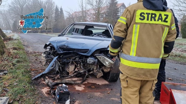 Groźna kolizja w powiecie kołobrzeskim. Na drodze powiatowej między miejscowościami Ustronie Morskie i Kukinia samochód osobowy uderzył w dwa drzewa.