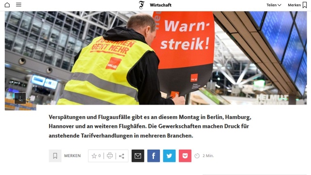 W Niemczech rozpoczęły się strajki ostrzegawcze na kilku większych lotniskach. Przystąpiły do nich między innymi porty w Berlinie, Bremie, Hamburgu i Hanowerze. Protesty potrwają do późnej nocy.