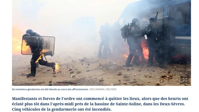 Kilka osób zostało rannych w starciach francuskiej policji z demonstrantami sprzeciwiającymi się budowie 16 zbiorników retencyjnych do nawadniania gospodarstw w rolniczej miejscowości Sainte-Soline.
