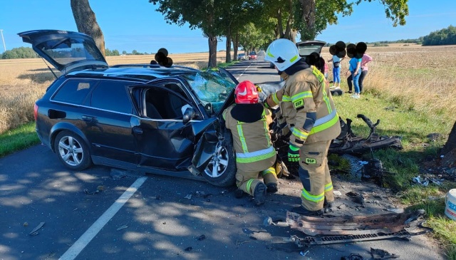 Audi uderzyło w drzewo. Do kolizji doszło w Siemyślu, pod Kołobrzegiem po godzinie 9:00. Przód samochodu jest zmiażdżony.