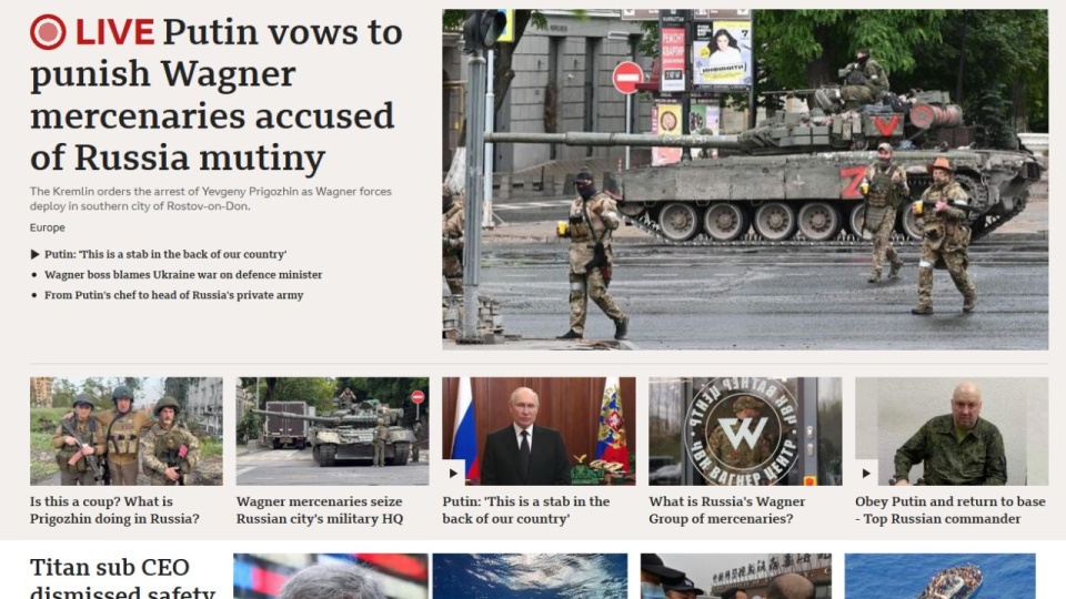 Serwis BBC News cytuje wiceszefa rosyjskich wojsk na Ukrainie, który wezwał Prigożyna, by ten "zatrzymał konwoje i zawrócił je do baz". źródło: https://www.bbc.com/news