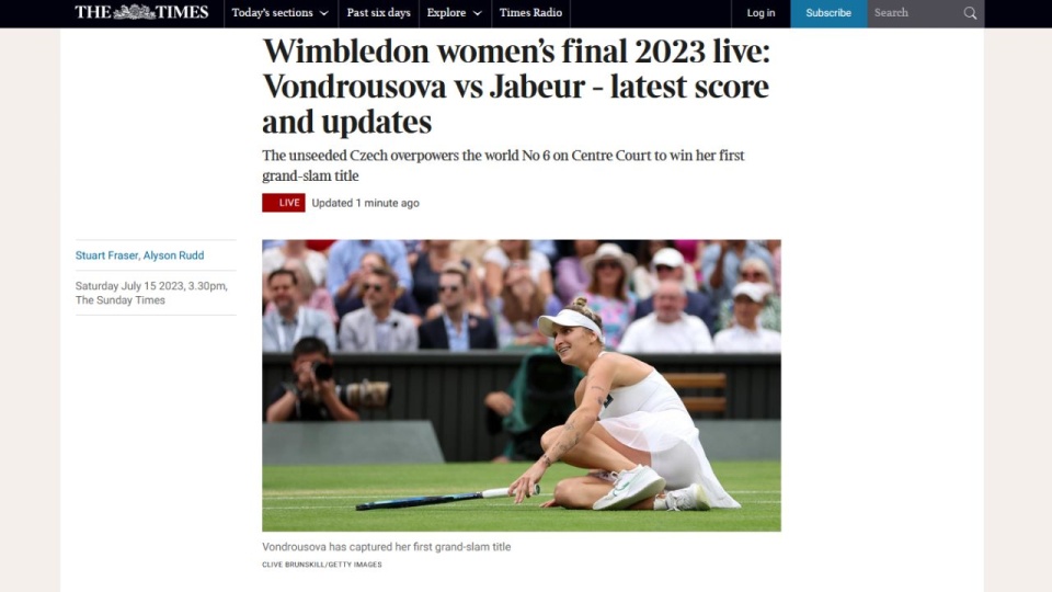 To jej pierwszy triumf w turnieju wielkoszlemowym w karierze. źródło: https://www.thetimes.co.uk