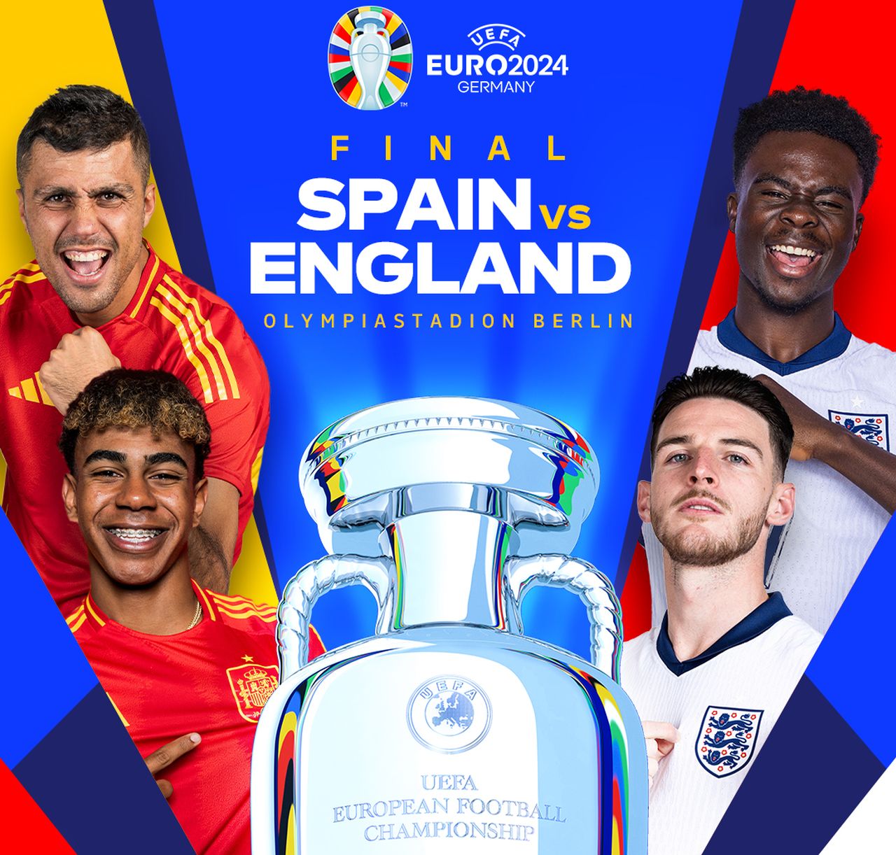 Hiszpania zmierzy się z Anglią w finale piłkarskich mistrzostw Europy, który zostanie rozegrany na Stadionie Olimpijskim w Berlinie, z udziałem ponad siedemdziesięciu tysięcy kibiców.