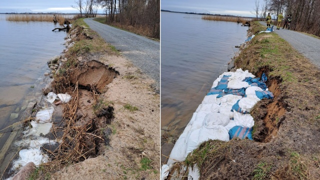 Wzbierająca woda uszkodziła wał przeciwpowodziowy w okolicy Lubczyny w gminie Goleniów. Na miejscu pracują strażacy, którzy próbują go umocnić.