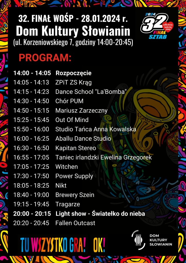 Rock, folk i autorska wersja Światełka do nieba - tak będzie wyglądał finał Wielkiej Orkiestry Świątecznej Pomocy w Domu Kultury Słowianin.
