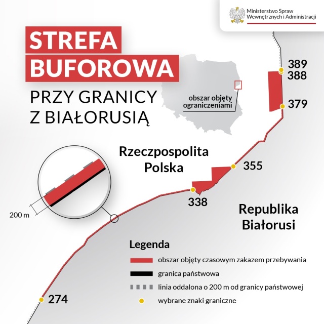 Strefa buforowa przy białoruskiej granicy znów obowiązuje. Minister spraw wewnętrznych i administracji wydał w środę rozporządzenie w tej sprawie. Dostęp do obszaru o długości ponad 60 kilometrów wzdłuż białoruskiej granicy jest ograniczony.