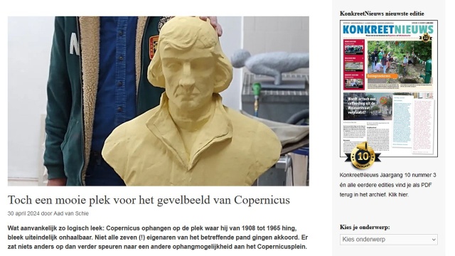 Po 60 latach popiersie Mikołaja Kopernika wróciło na Skwer Kopernika w Hadze. Zaginioną rzeźbę odnalazła Ambasada Polska w Holandii wspólnie z lokalną gazetą Konkreetnieuws.