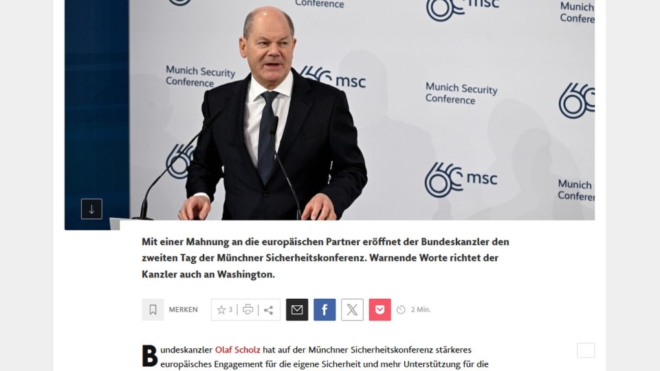 Kanclerz Niemiec Olaf Scholz powiedział, że zagrożenie ze strony Rosji jest realne, dlatego musimy się być gotowi do obrony. źródło: https://www.faz.net