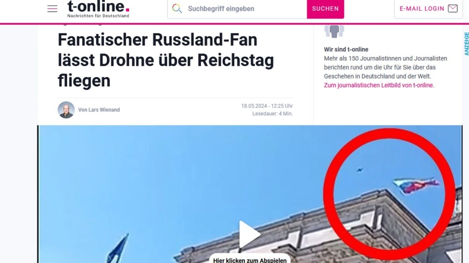 Według portalu "t-onilne" drona wypuścił ten sam mężczyzna, który niedawno zniszczył ukraińskie symbole w Poczdamie i namalował tam literę Z - symbol rosyjskiej agresji. źródło: www.t-online.de