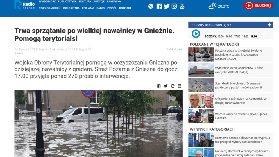 Służby komunalne udrażniają zapchane kanały odpływowe. Dopiero gdy woda całkowicie zostanie uprzątnięta ze skwerów i ulic miasto będzie szacować straty. źródło: https://radiopoznan.fm