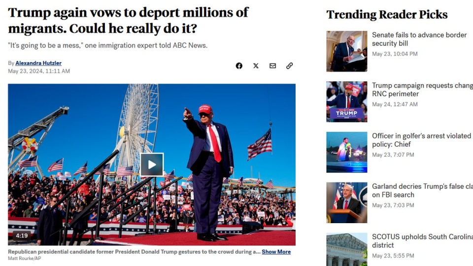 Stacja ABC News przypomina, że w rzeczywistości były prezydent podobnie zapowiedział masową deportację nielegalnych migrantów podczas swojej kampanii w 2016 roku, ale nigdy jej nie przeprowadzono. źródło: https://abcnews.go.com/
