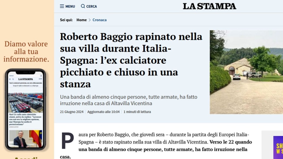 Pięciu uzbrojonych napastników włamało się do domu państwa Baggiów w Altavilla Vicentina koło Vicenzy na północy Włoch. źródło: https://www.lastampa.it