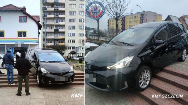 Nadmierna wiara w nawigację nie skończyła się najlepiej. 44-letni kierowca tak bardzo zaufał wskazówkom GPS, że wjechał na chodnik i utknął na schodach.