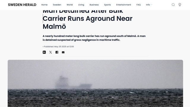 Płynący z Gdańska 93-metrowy turecki masowiec Ali Aykin osiadł w niedzielę rano na mieliźnie w cieśninie Sund jeden z członków załogi został zatrzymany w związku z piciem na pokładzie alkoholu - podała szwedzka Straż Przybrzeżna.