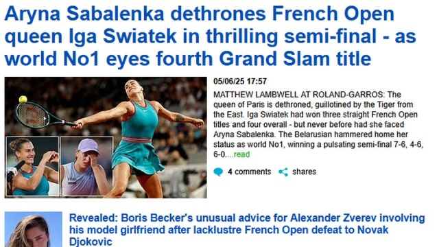 Królowa upadła - piszą światowe media po porażce broniącej tytułu Igi Świątek w półfinale wielkoszlemowego turnieju French Open w Paryżu z liderką światowego rankingu Aryną Sabalenką. Polska tenisistka wygrała trzy poprzednie edycja tej imprezy, najlepsza była też w 2020 roku.