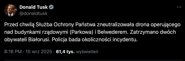 Służba Ochrony Państwa zneutralizowała drona operującego nad budynkami rządowymi