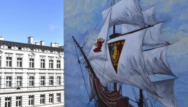 Okręt z rozpiętymi żaglami a na nich logo Pogoni Szczecin. Przy ul. Bohaterów Getta Warszawskiego powstał mural upamiętniający tradycję miasta i Dumę Pomorza.