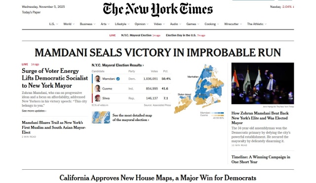 Kandydat Demokratów, socjalista Zohran Mamdani wygrał we wtorek wybory na burmistrza Nowego Jorku.