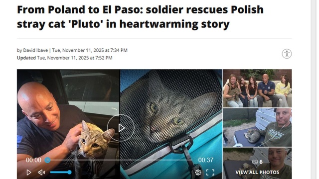 Chorąży armii Stanów Zjednoczonych uratował bezdomnego kota z Polski. Podczas służby w naszym kraju Richard DeJesus zajął się czworonogiem, a potem postanowił zabrać go do domu w El Paso w Teksasie. Nowy właściciel nadał kotu imię Pluton.