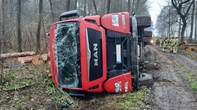 W kompleksie leśnym między Marianowem a Dzwonowem przewróciła się ciężarówka przewożąca drewno.