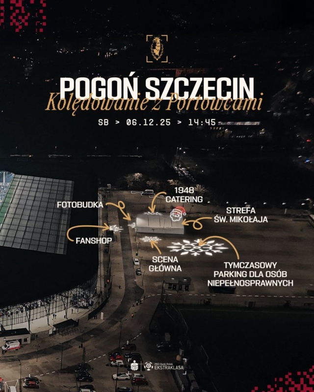 Magia Świąt przed meczem piłkarzy Pogoni z Radomiakiem. Szczeciński klub w okresie przedświątecznym tradycyjnie zaprasza wszystkich na Kolędowanie z Pogonią.