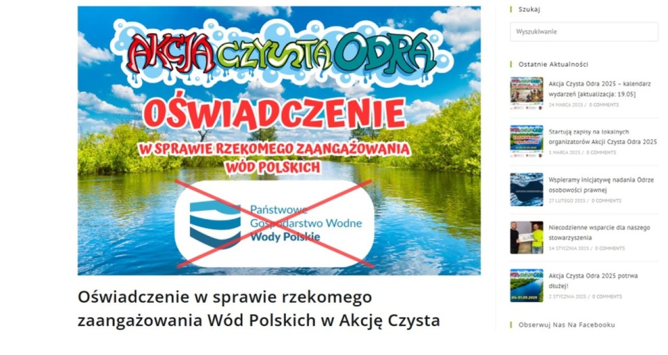 Zdjęcie strony internetowej stowarzyszenia. źródło: https://stowarzyszeniewywrotka.pl/oswiadczenie-w-sprawie-zaangazowania-wod-polskich-w-akcje-czysta-odra-w-szczecinie/