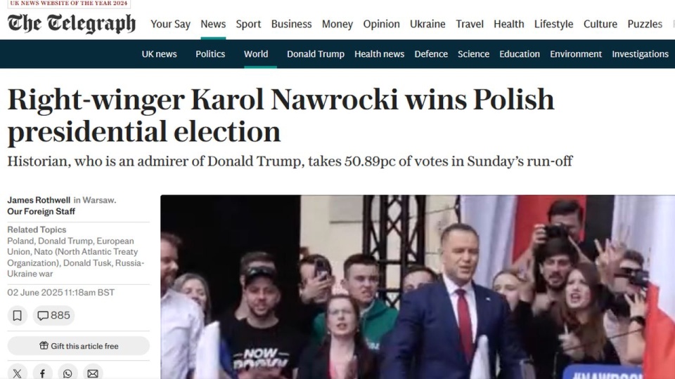 Duża część komentarzy podkreśla dobre stosunki Karola Nawrockiego z administracją Donalda Trumpa. źródło: www.telegraph.co.uk