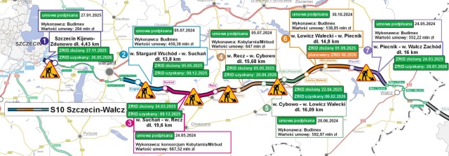 Mapa S10 Szczecin-Wałcz z zaznaczeniem odcinków dla których uzyskano decyzję ZRID. Mat. GDDKiA w Szczecinie Zielone światło dla budowy obwodnicy Płoni [MAPY]