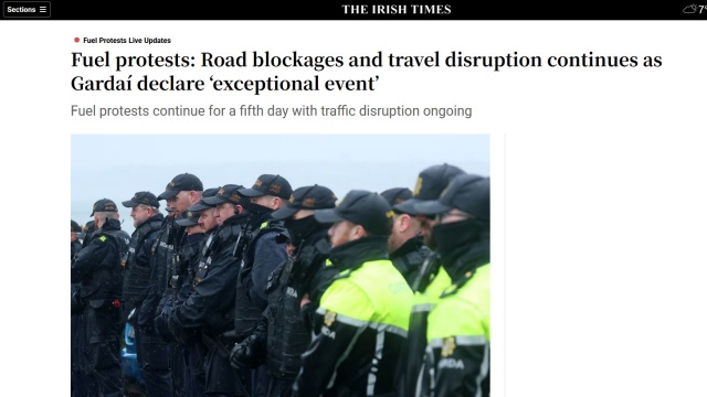 W Irlandii pogłębia się kryzys paliwowy spowodowany protestami przeciwko rosnącym cenom surowca. Demonstranci blokują drogi i miejsca dystrybucji. Przez to cysterny nie mogą dojechać na stacje, a paliwo szybko się kończy. Jeśli sytuacja się nie zmieni, to nawet 500 stacji wkrótce może zostać bez paliwa.