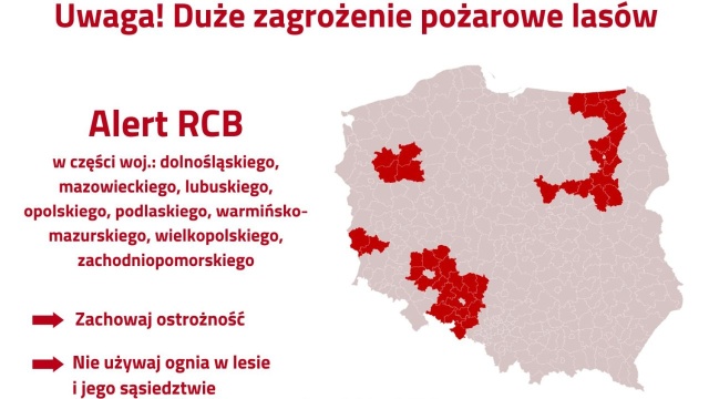 Alert Rządowego Centrum Bezpieczeństwa dla powiatów choszczeńskiego i wałeckiego z powodu dużego zagrożenia pożarami lasów. Na większości terenu województwa obowiązuje drugi, średni stopień zagrożenia.