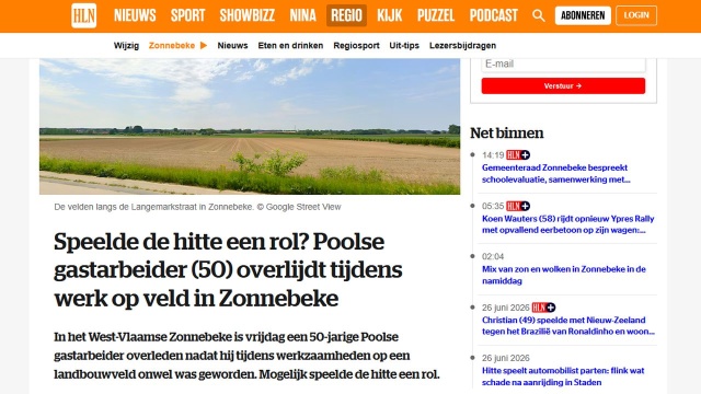 50-letni obywatel Polski zmarł podczas pracy w polu w belgijskiej miejscowości Zonnebeke we Flandrii Zachodniej. O sprawie poinformował portal informacyjny Het Laatste Nieuws (HLN).