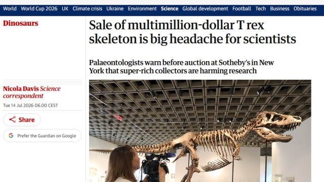 Szkielet tyranozaura, któremu nadano imię Gus, został sprzedany na aukcji Sothebys w Nowym Jorku za rekordową kwotę 50,1 mln dolarów, co czyni go najdroższą skamieniałością dinozaura sprzedaną na aukcji - informuje w środę portal dziennika The Guardian.