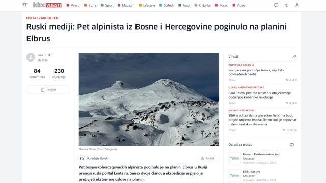 Pięcioro bośniackich alpinistów zginęło podczas próby zdobycia najwyższego szczytu Rosji i Kaukazu, góry Elbrus (5642 m n.p.m.) - podał w niedzielę bośniacki portal Klix, powołując się na doniesienia rosyjskich mediów i wypowiedź członka klubu wspinaczkowego, do którego należeli alpiniści.