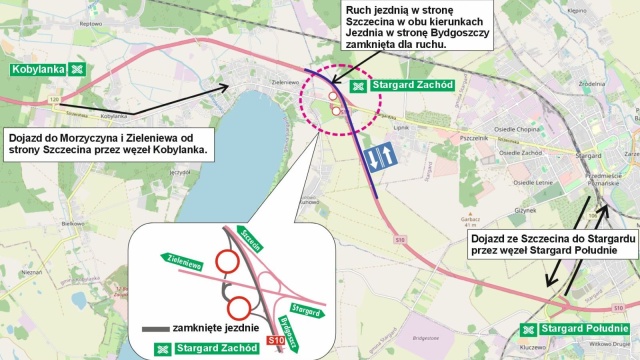 Będzie zmiana organizacji ruchu na węźle Stargard-Zachód, na drodze S10. Od soboty ruch pojazdów w obu kierunkach będzie przeniesiony na jezdnię w stronę Szczecina.