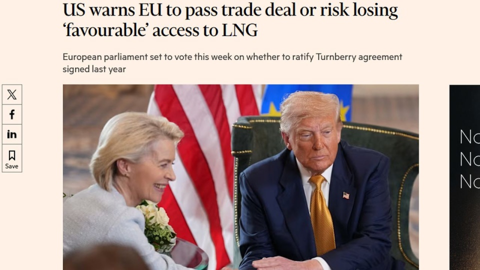 Financial Times: USA grożą UE utratą "korzystnego" dostępu do LNG